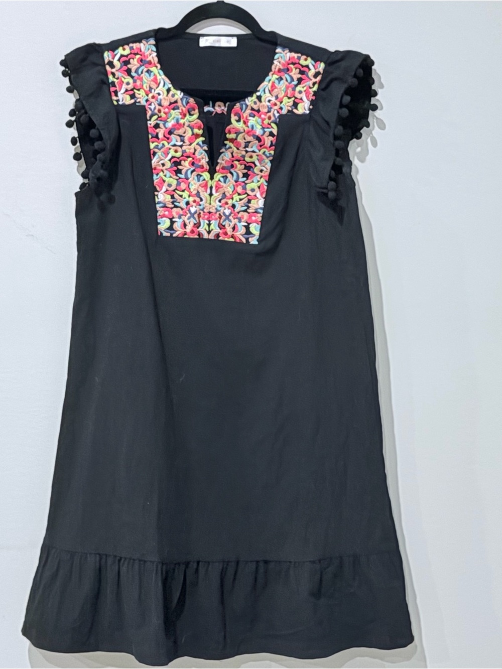 Black Embroidered Flutter-Sleeve‎ Mini Dress